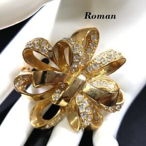 Vintage Roman Gold Tone Clear Rhinestones Bow Brooch, Gold Plated, 2 Inches